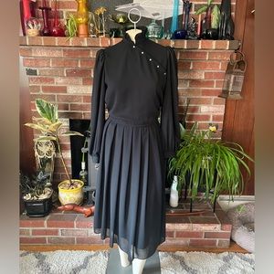 Vintage Black Button Detail Shirt Dress with Diagonal Bib and Ruffle collar